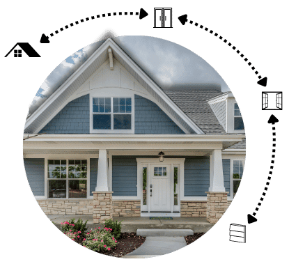 A two-story house with gray siding and white trim, showcasing a front entrance with a white door and large windows. Surrounding the image are icons of a house, door, and windows, connected by dotted arrows in a circular pattern—perfect for those considering window installation York County services.